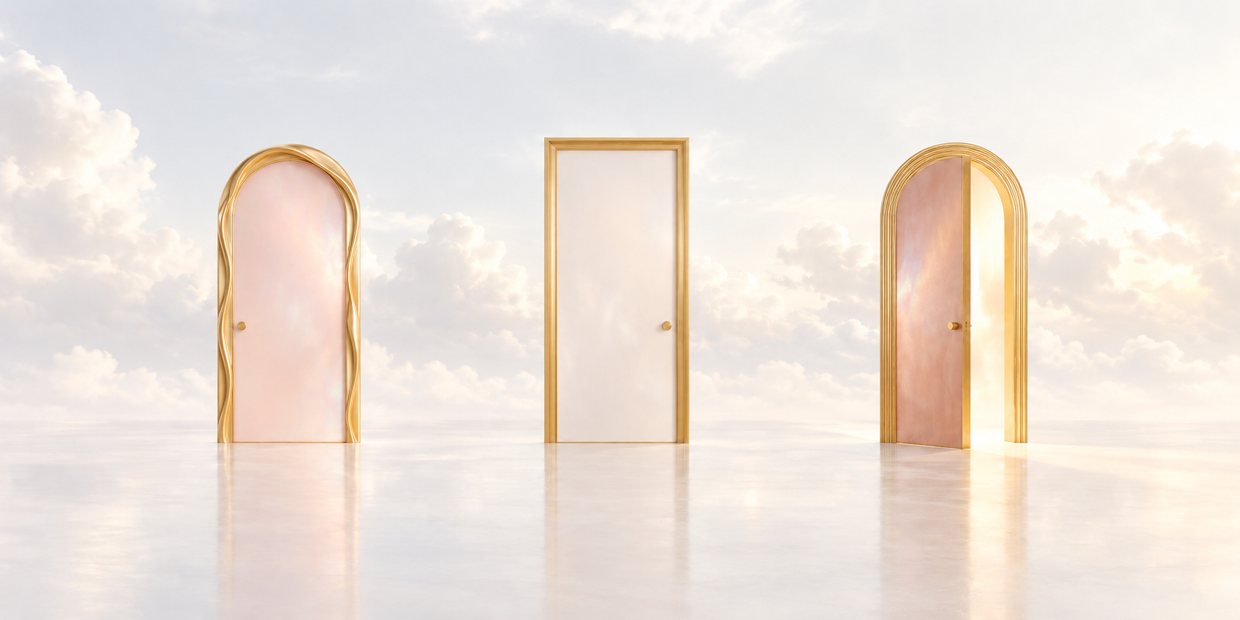 Trois portes de mêmes dimensions aux chambranles dorés, dans un ciel clair